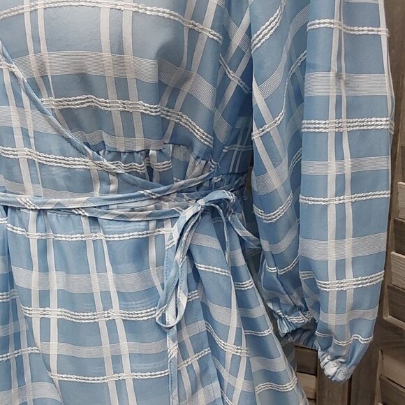 Blue Sheer Gingham Puff Sleeve Wrap Blouse | Future Collective | X Small - Picture 3 of 10